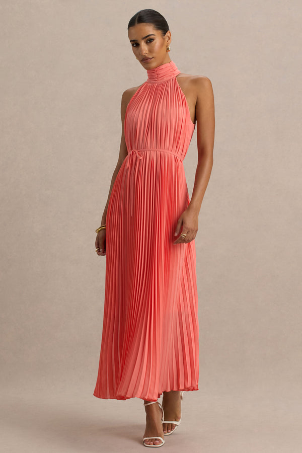 Club L Tulip Coral Pleated High-Neck Midi Dress