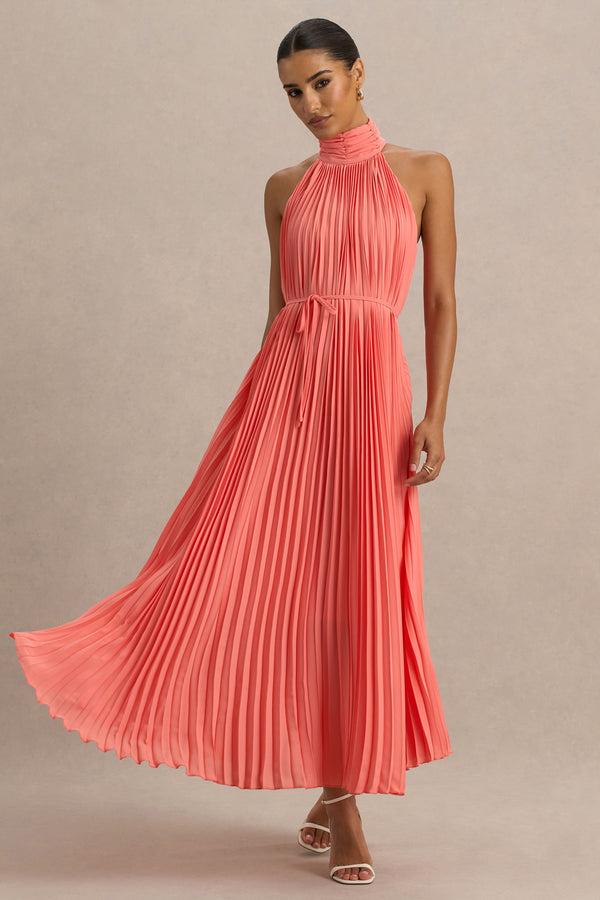 club l Tulip Coral Pleated High-Neck Midi Dress