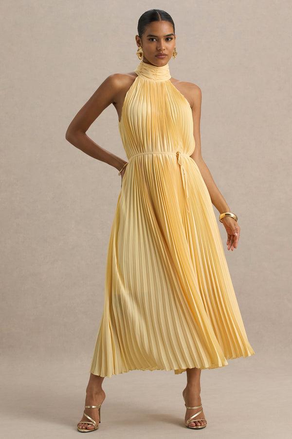 Club L Tulip Lemon Pleated High-Neck Midi Dress