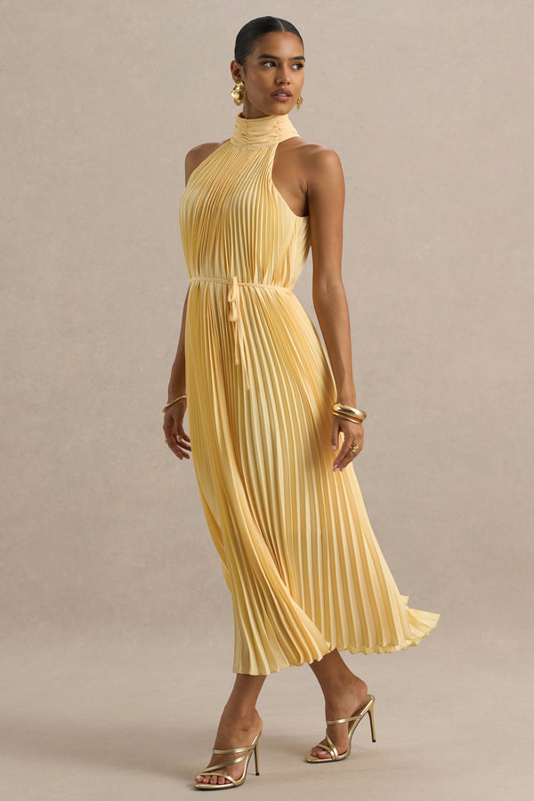 Club L Tulip Lemon Pleated High-Neck Midi Dress