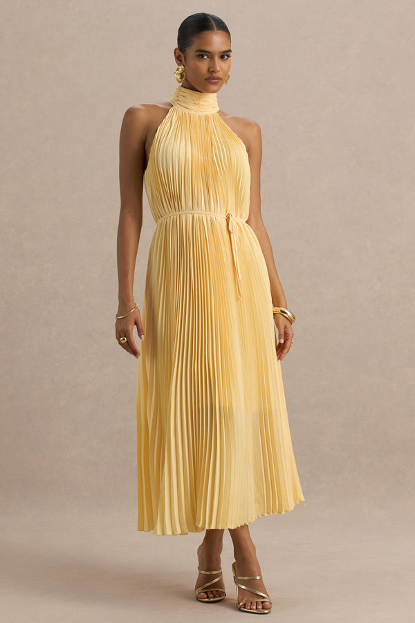 club l Tulip Lemon Pleated High-Neck Midi Dress