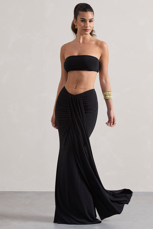 Club L Vitality Black Ruched Drape Maxi Skirt