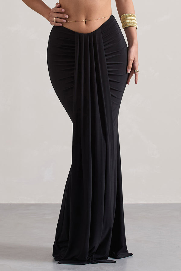 Club L Vitality Black Ruched Drape Maxi Skirt