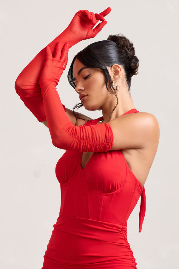 Club L Your Touch Red Sheer Long Ruched Gloves