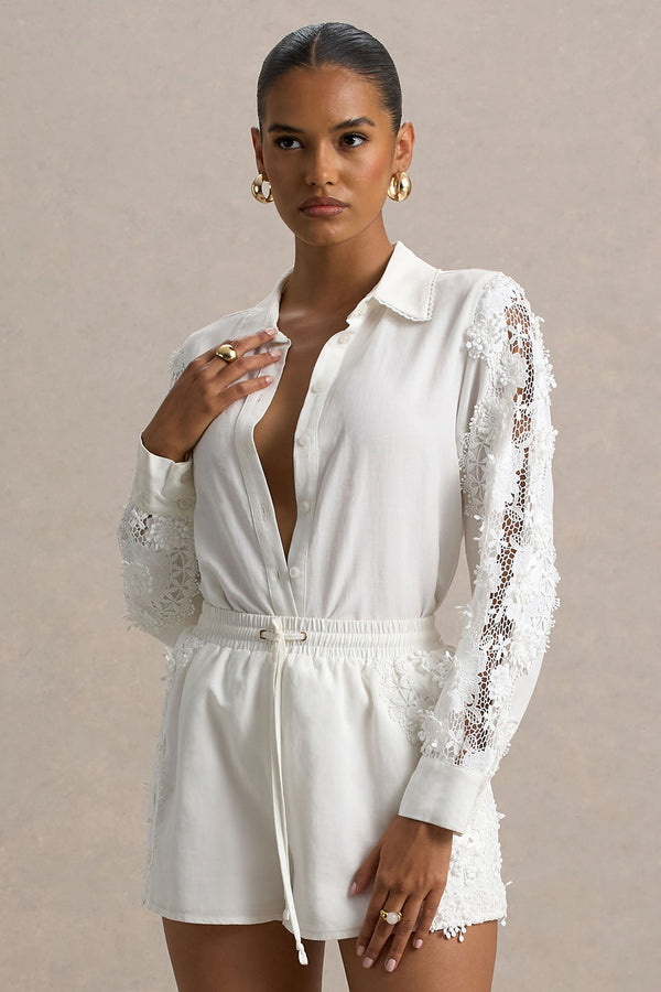 Club L Coconut Ecru Linen Button-Up Shirt With Lace Detail