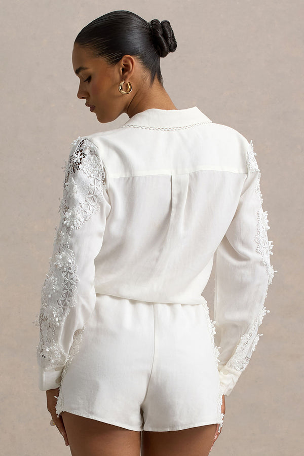 Club L Coconut Ecru Linen Button-Up Shirt With Lace Detail