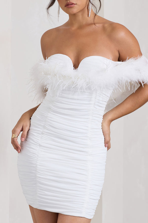 Club L Confetti White Sweetheart Mini Dress With Chiffon Feather Sleeves