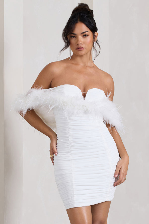 Club L Confetti White Sweetheart Mini Dress With Chiffon Feather Sleeves