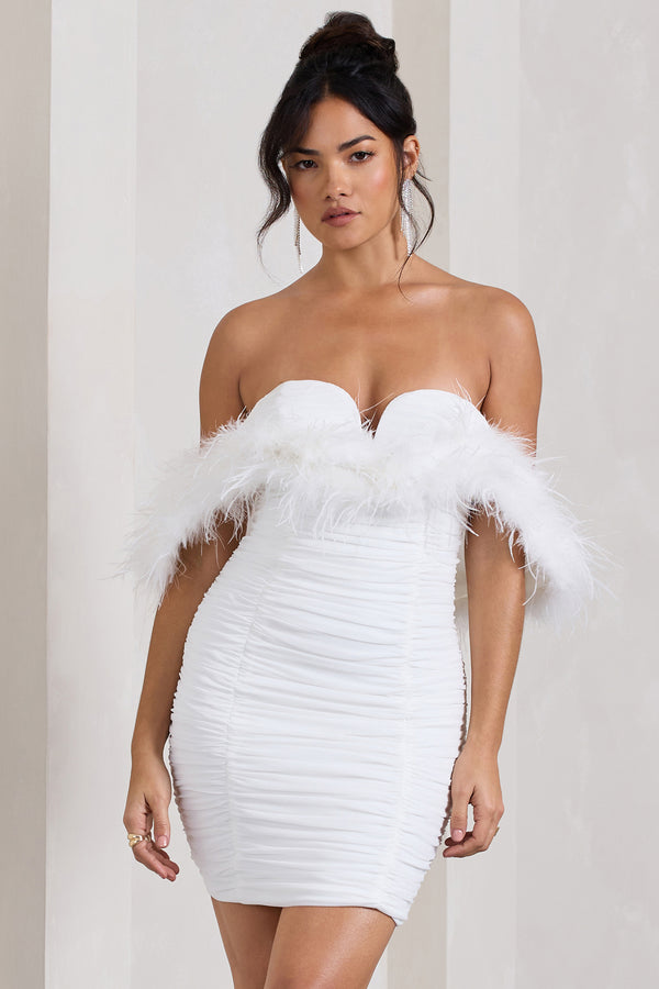 club l Confetti White Sweetheart Mini Dress With Chiffon Feather Sleeves