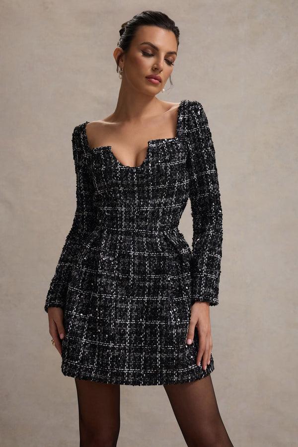 Club L Contessa Black Boucle Long-Sleeve Mini Dress