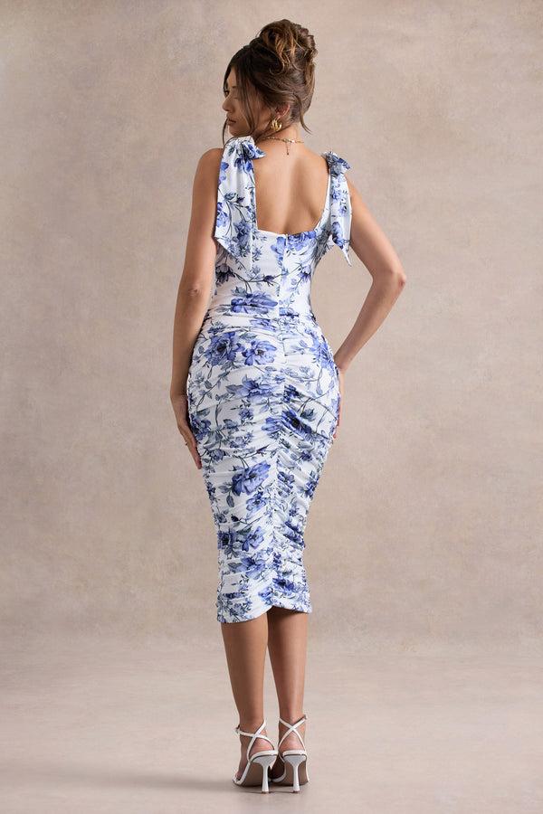 Club L Cordelia Blue Porcelain Print Bodycon Midi Dress With Bow Straps