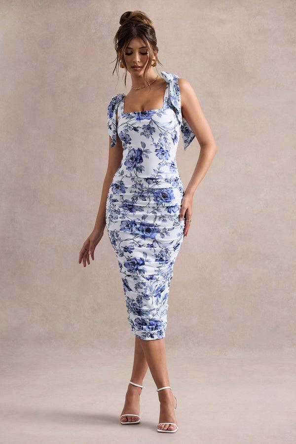 Club L Cordelia Blue Porcelain Print Bodycon Midi Dress With Bow Straps