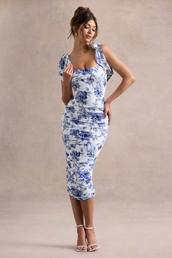 club l Cordelia Blue Porcelain Print Bodycon Midi Dress With Bow Straps