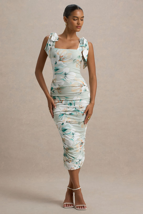 club l Cordelia Green Floral Print Bodycon Midi Dress With Bow Straps
