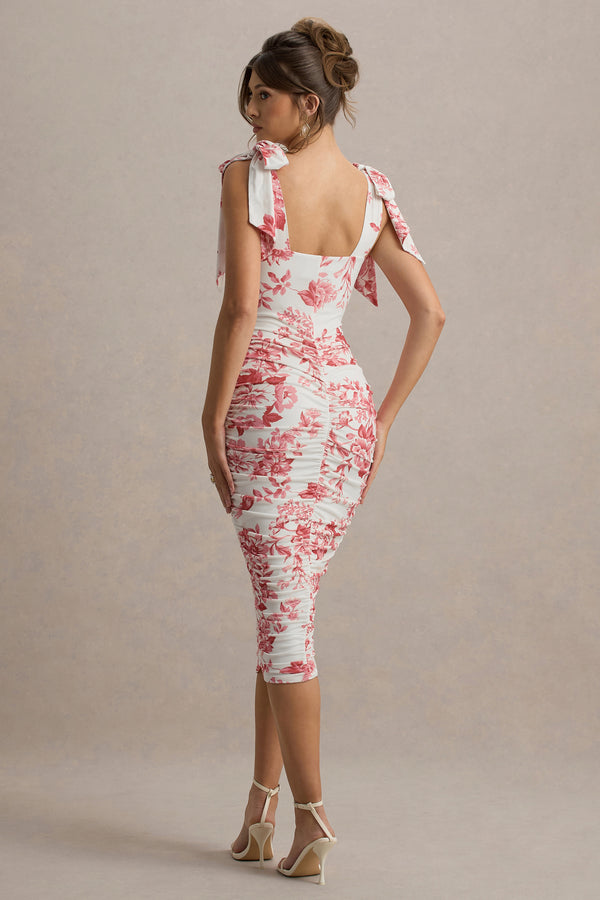 Club L Cordelia Pink Porcelain Print Bodycon Midi Dress With Bow Straps