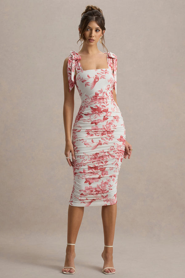 Club L Cordelia Pink Porcelain Print Bodycon Midi Dress With Bow Straps