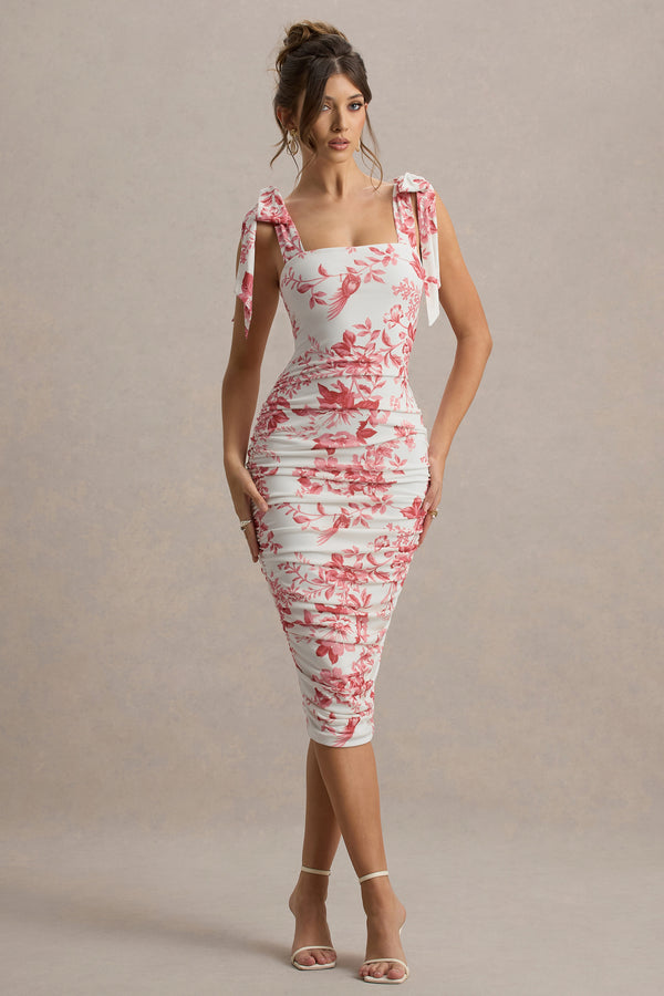 club l Cordelia Pink Porcelain Print Bodycon Midi Dress With Bow Straps