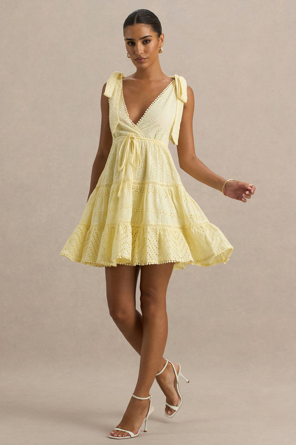 Club L Corrina Lemon Broderie Plunge-Neck Mini Dress