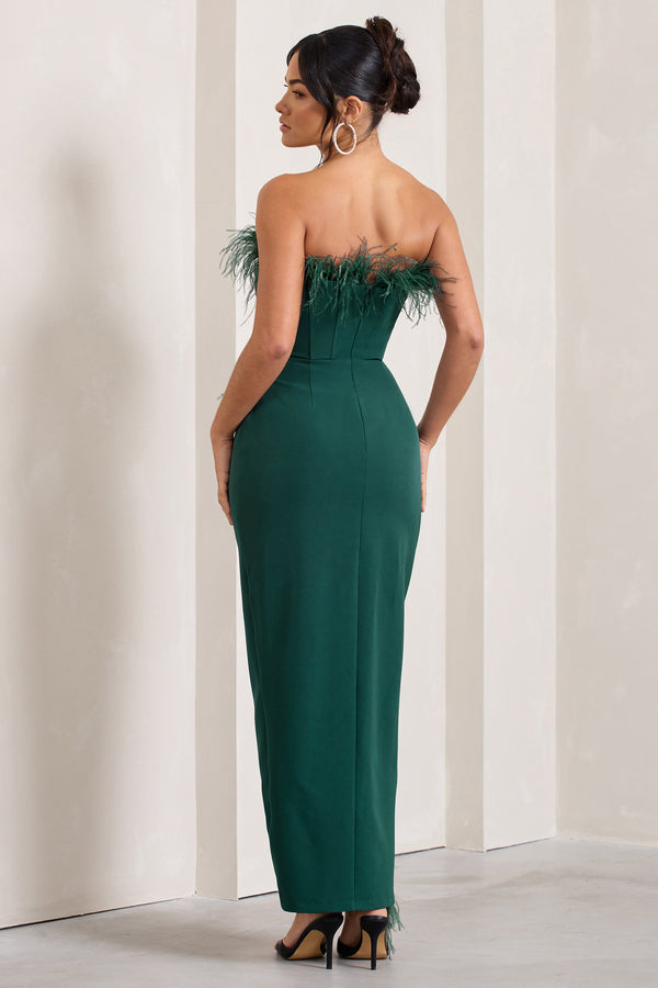Club L Cosmo Bottle Green Bandeau Feather Corset Split Maxi Dress