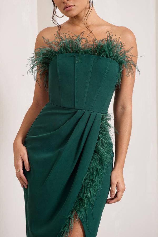 Club L Cosmo Bottle Green Bandeau Feather Corset Split Maxi Dress