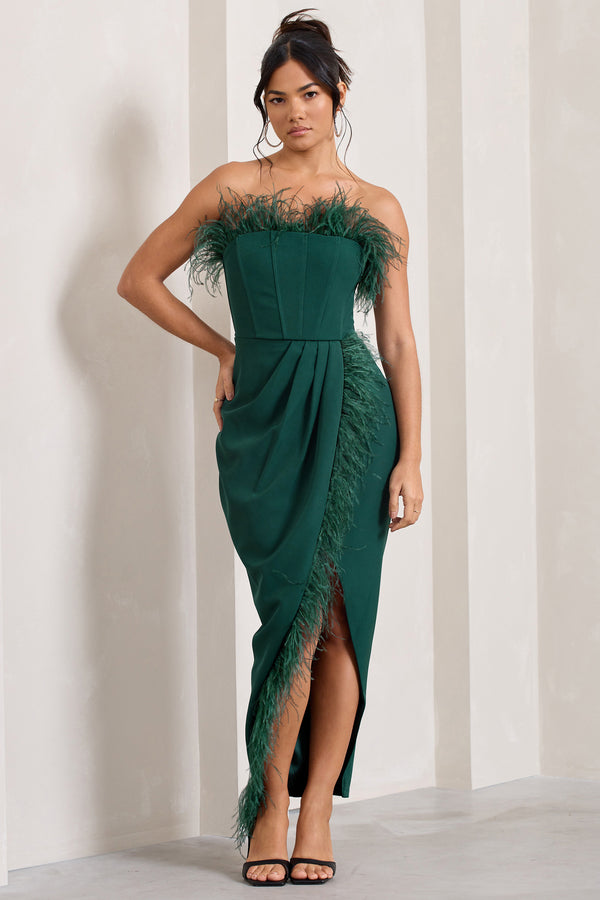 Club L Cosmo Bottle Green Bandeau Feather Corset Split Maxi Dress