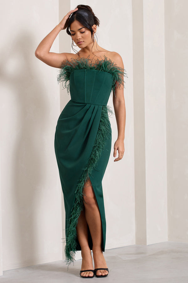 club l Cosmo Bottle Green Bandeau Feather Corset Split Maxi Dress