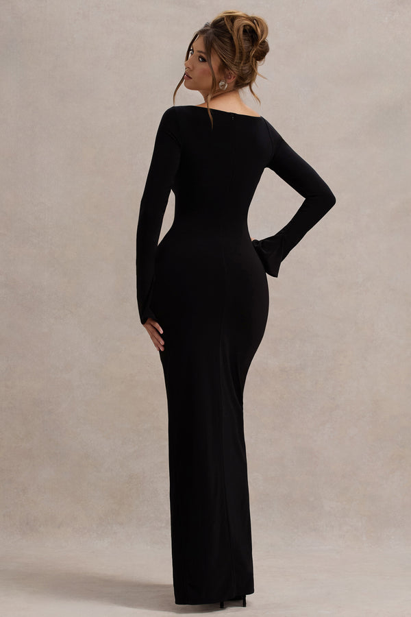 Club L Cosmos Black Asymmetric Long-Sleeve Split Maxi Dress