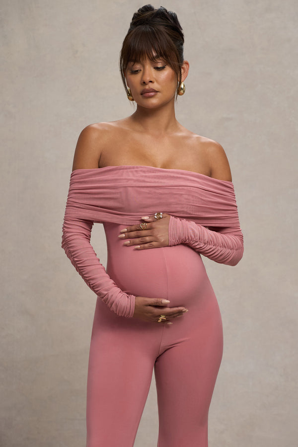 Club L Count Down Blush Pink Maternity Ruched Mesh Bardot Jumpsuit