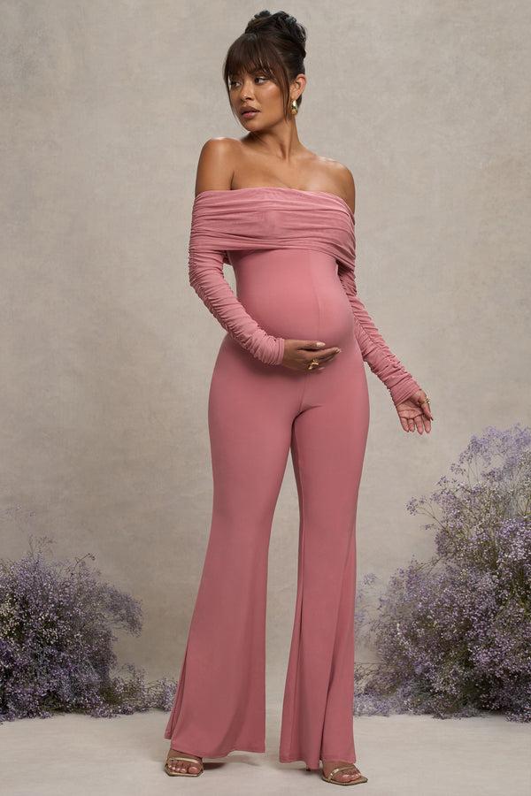 Club L Count Down Blush Pink Maternity Ruched Mesh Bardot Jumpsuit