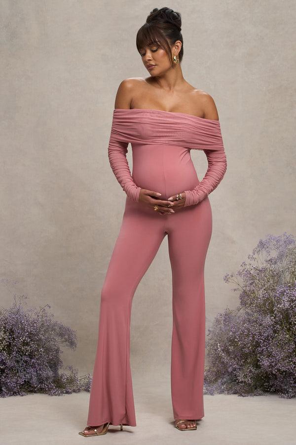 club l Count Down Blush Pink Maternity Ruched Mesh Bardot Jumpsuit
