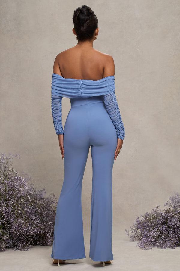 Club L Count Down Powder Blue Maternity Ruched Mesh Bardot Jumpsuit