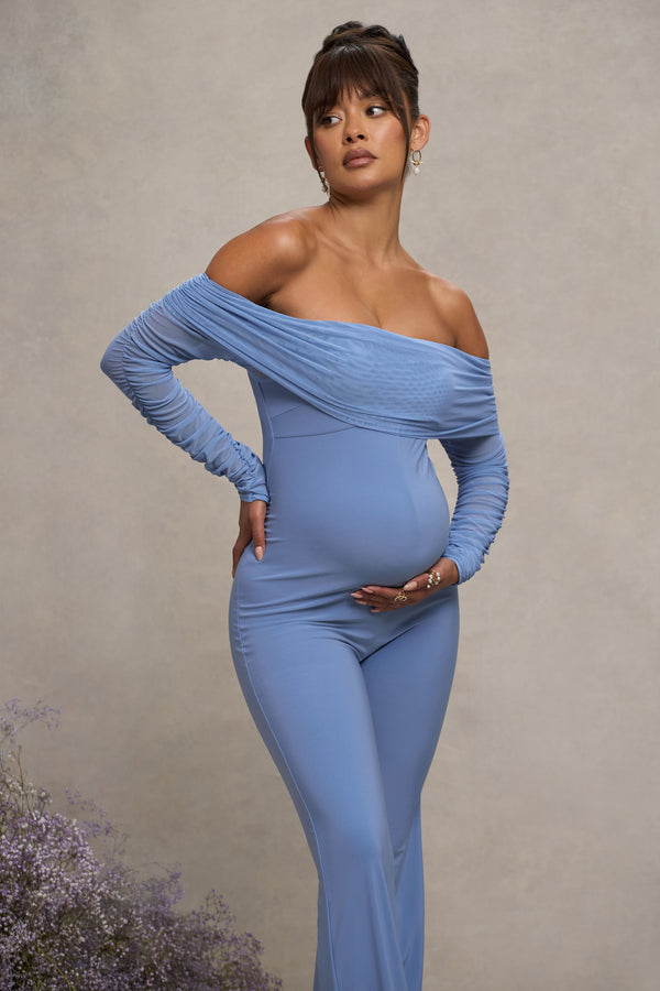 Club L Count Down Powder Blue Maternity Ruched Mesh Bardot Jumpsuit