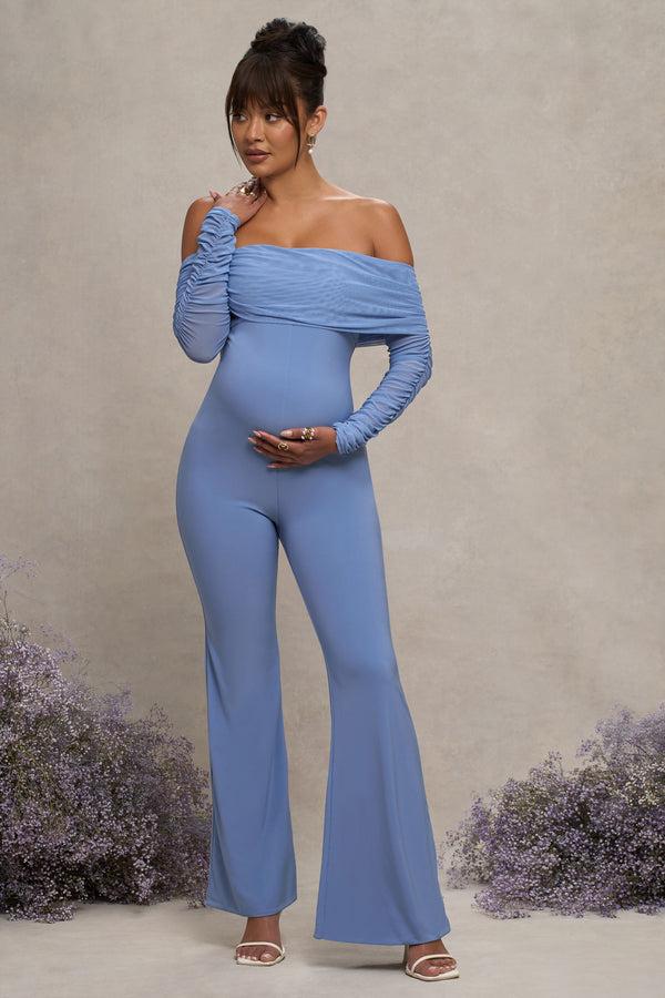 Club L Count Down Powder Blue Maternity Ruched Mesh Bardot Jumpsuit