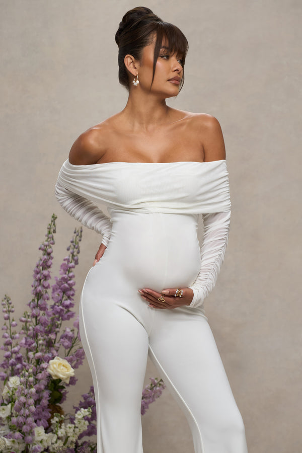 Club L Count Down White Maternity Ruched Mesh Bardot Jumpsuit