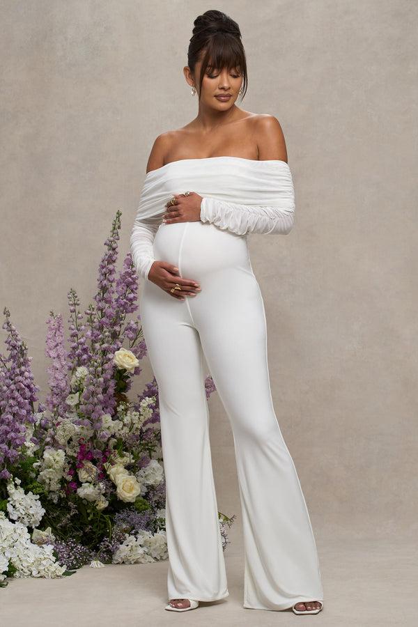 Club L Count Down White Maternity Ruched Mesh Bardot Jumpsuit