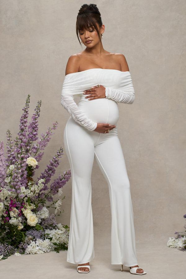club l Count Down White Maternity Ruched Mesh Bardot Jumpsuit
