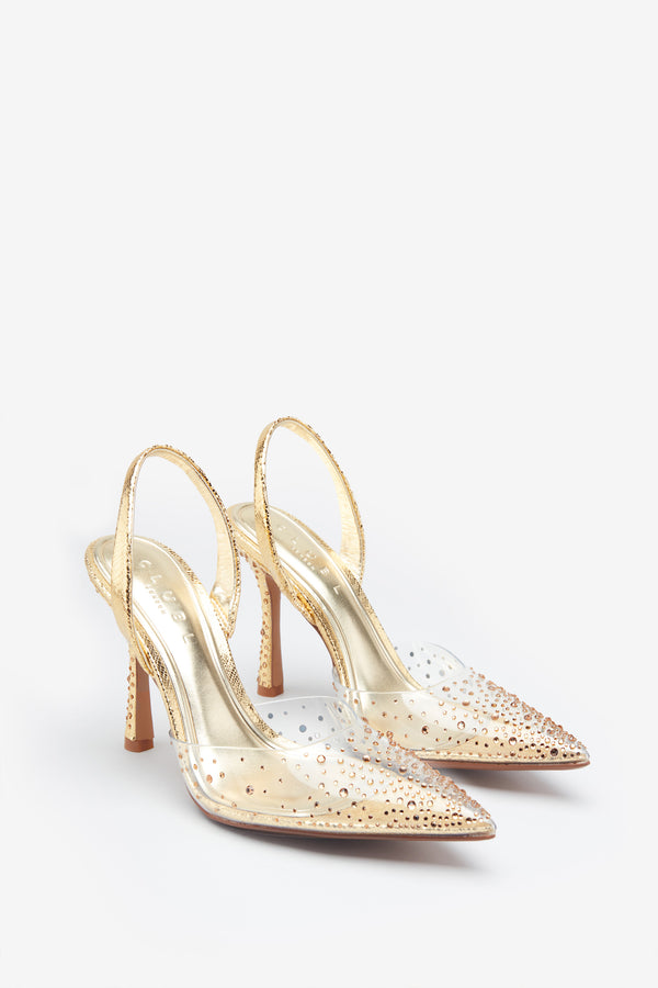 Club L Covergirl Gold Diamante Sling Back Pointed Heels