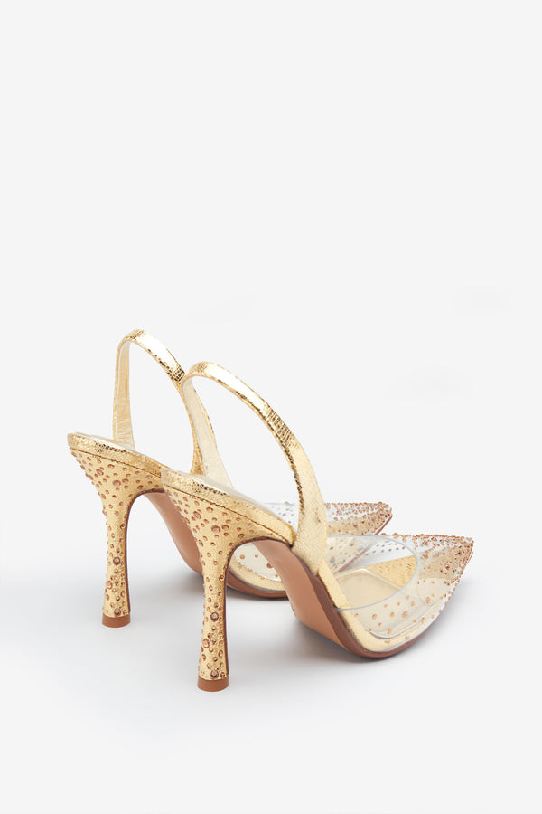 Club L Covergirl Gold Diamante Sling Back Pointed Heels