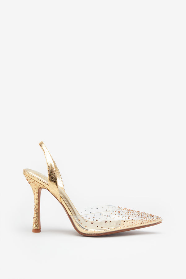 club l Covergirl Gold Diamante Sling Back Pointed Heels