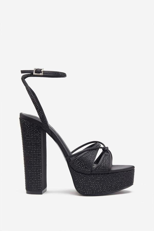 Club L Crystal Cut Black Strappy Heeled Platform Sandals With Diamante Buckles