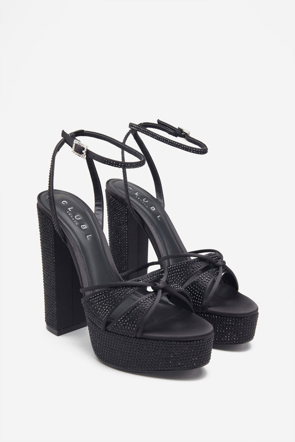 Club L Crystal Cut Black Strappy Heeled Platform Sandals With Diamante Buckles