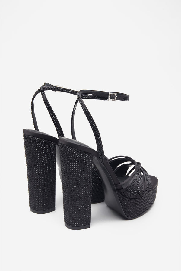 Club L Crystal Cut Black Strappy Heeled Platform Sandals With Diamante Buckles