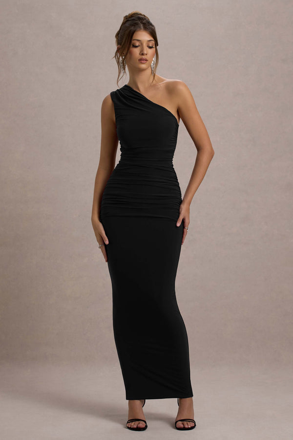 club l Dalarie Black One-Shoulder Gathered Maxi Dress