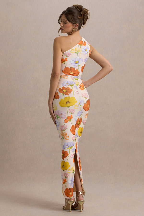 Club L Dalarie Bright Floral Print One-Shoulder Gathered Maxi Dress