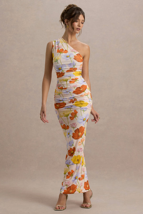 Club L Dalarie Bright Floral Print One-Shoulder Gathered Maxi Dress