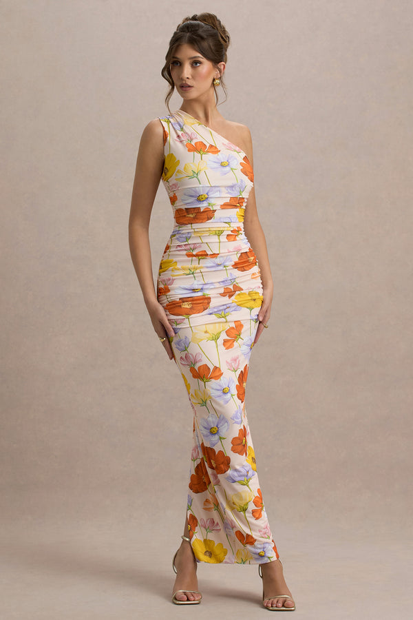 Club L Dalarie Bright Floral Print One-Shoulder Gathered Maxi Dress