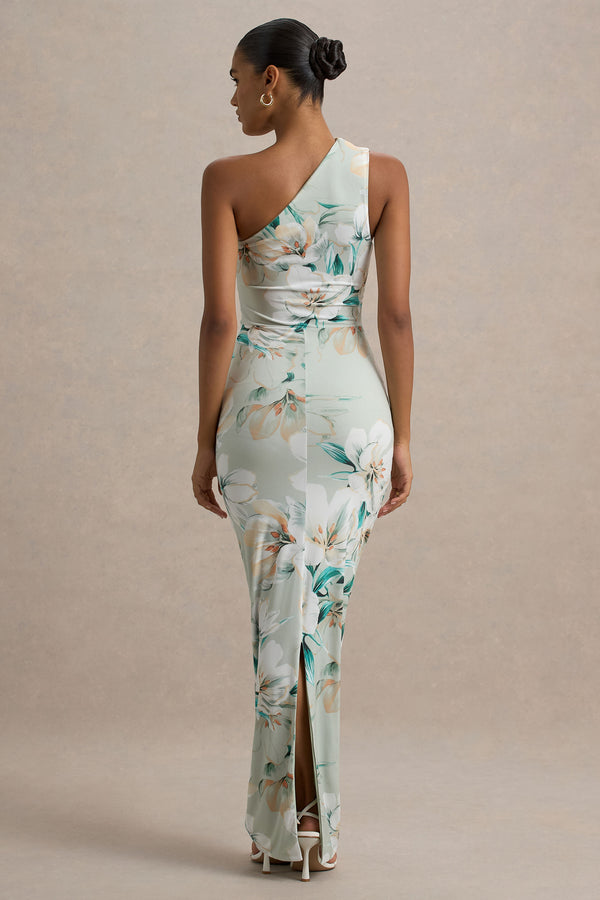 Club L Dalarie Green Floral Print One-Shoulder Gathered Maxi Dress