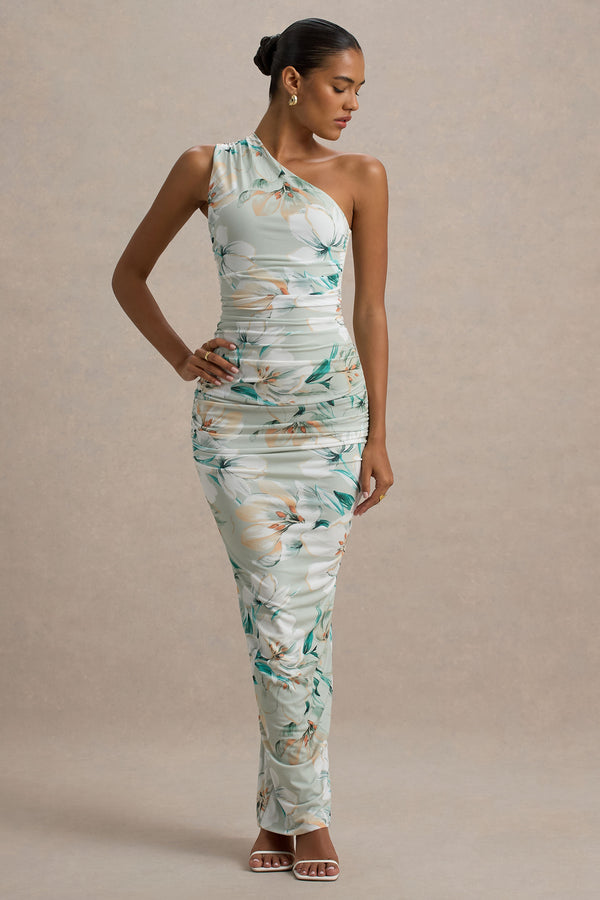 club l Dalarie Green Floral Print One-Shoulder Gathered Maxi Dress