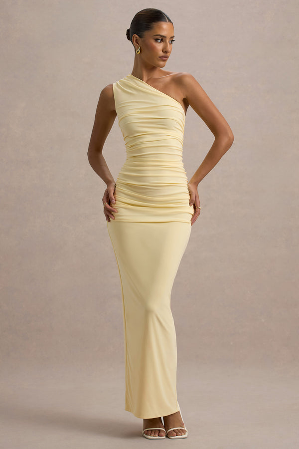 Club L Dalarie Pale Lemon One-Shoulder Gathered Maxi Dress