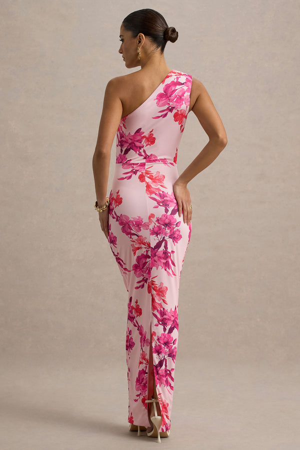 Club L Dalarie Pink And Orange Floral Print One-Shoulder Gathered Maxi Dress